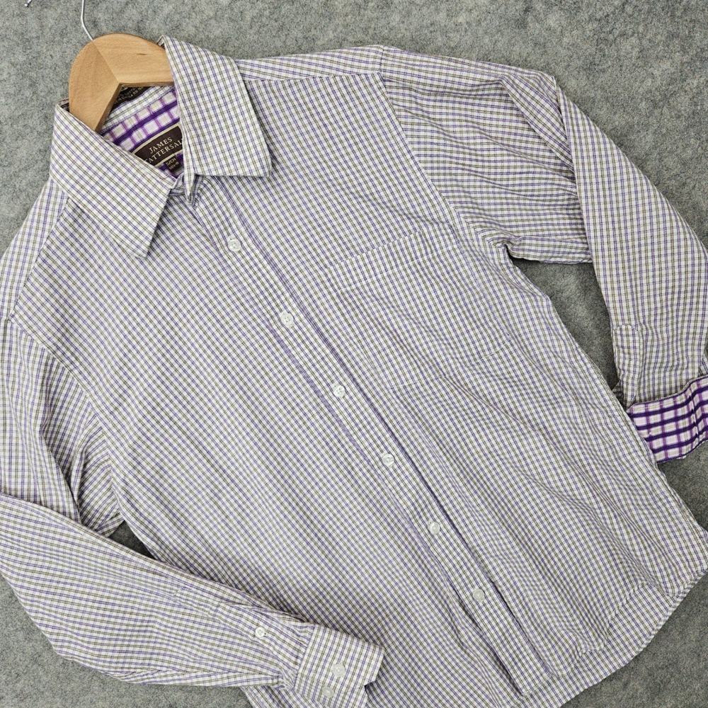 James Tattersall Button Up Shirt Mens Small Purple Plaid Long Sleeve Pocket SPOT
